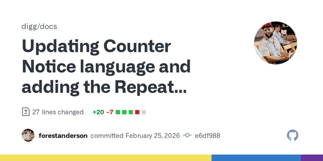 Updating Counter Notice language and adding the Repeat Infringer Policy · digg/docs@e6df988 · GitHub - Featured Image