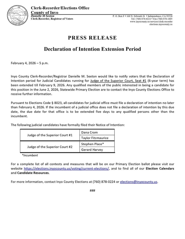 ​Declaration of Intention Extension Period - Sierra Wave: Eastern Sierra News - The Community's News - Featured Image