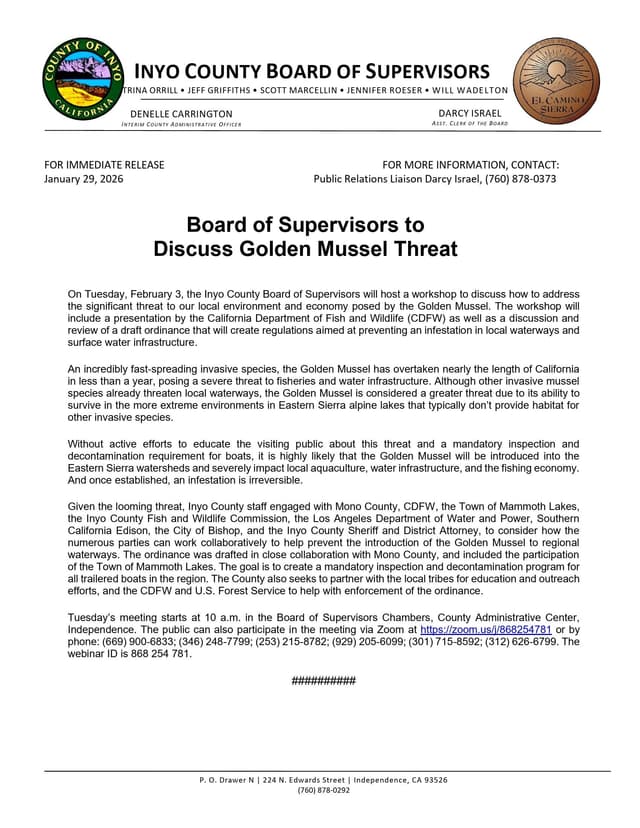 Board of Supervisors to Discuss Golden Mussel Threat - Sierra Wave: Eastern Sierra News - The Community's News - Featured Image