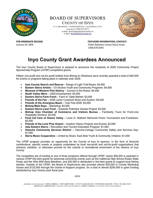 Inyo County Grant Awardees Announced - Sierra Wave: Eastern Sierra News - The Community's News - Featured Image