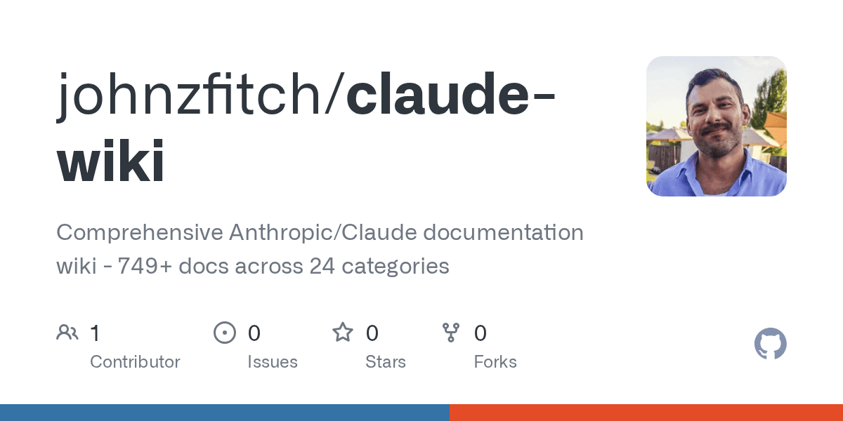 GitHub - johnzfitch/claude-wiki: Comprehensive Anthropic/Claude documentation wiki - 749+ docs across 24 categories - Featured Image
