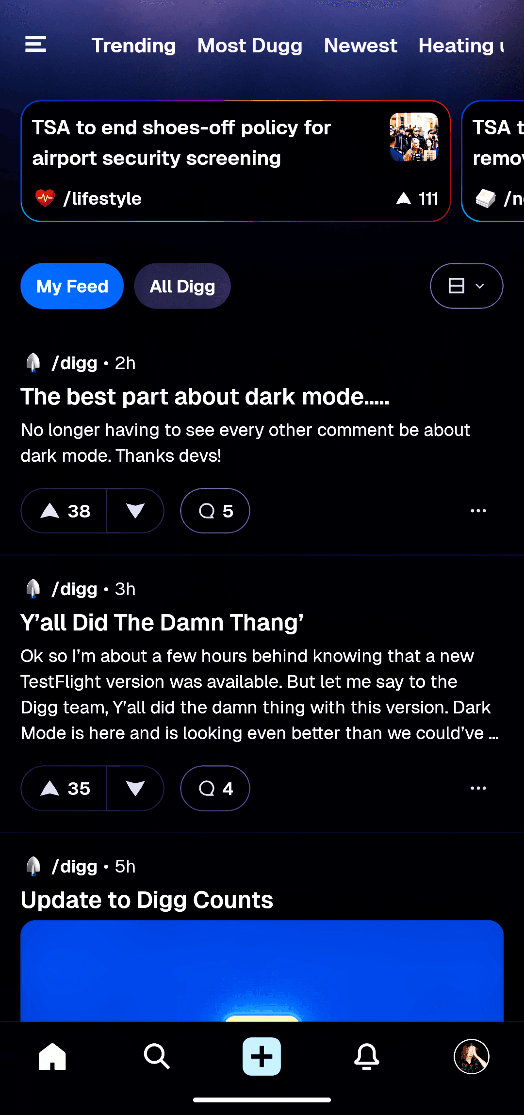 The Digg mobile intesface but the dark UI is black rather than grey.