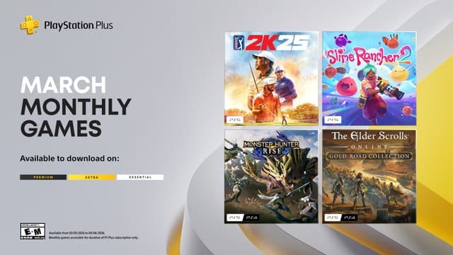 PlayStation Plus Monthly Games for March: PGA Tour 2K25, Monster Hunter Rise, Slime Rancher 2, The Elder Scrolls Online Collection: Gold Road – PlayStation.Blog - Featured Image