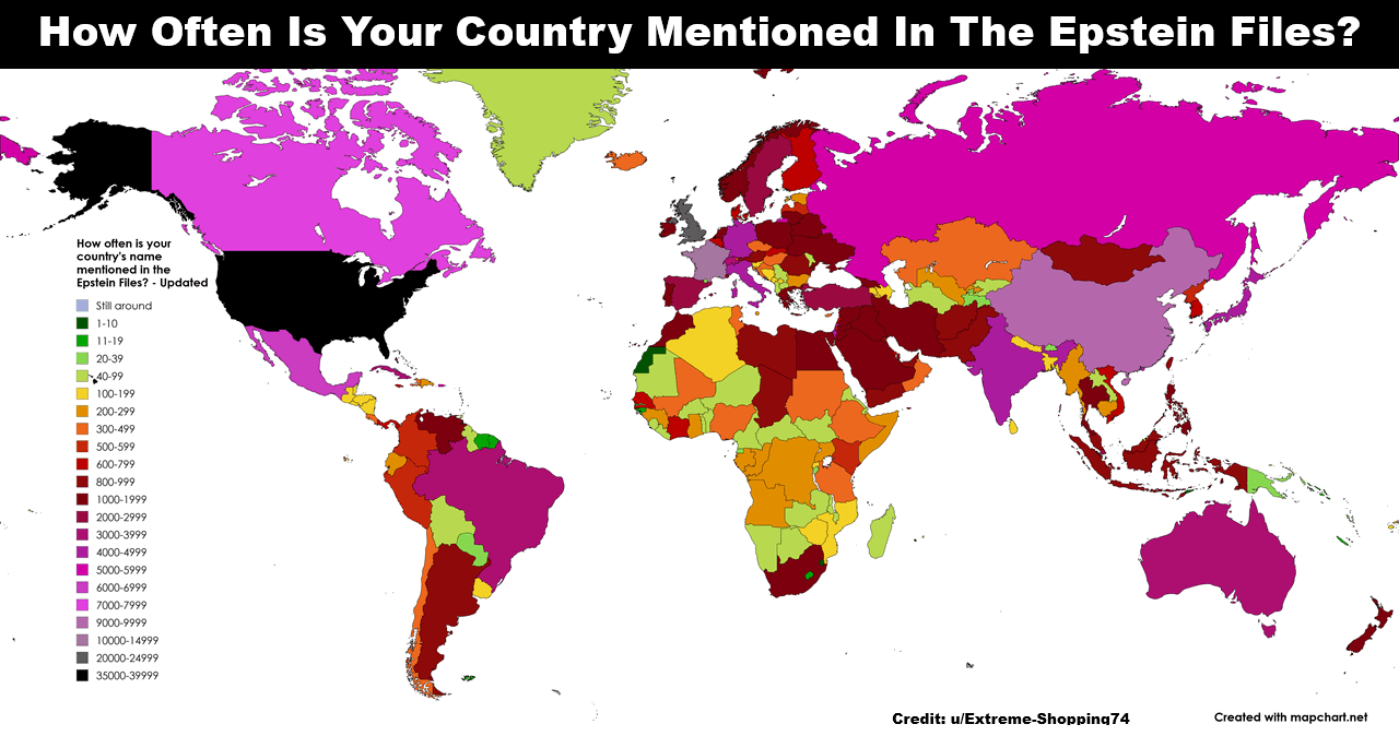 How Often Is You Country Mentioned In The Epstein Files? - Brilliant Maps - Featured Image