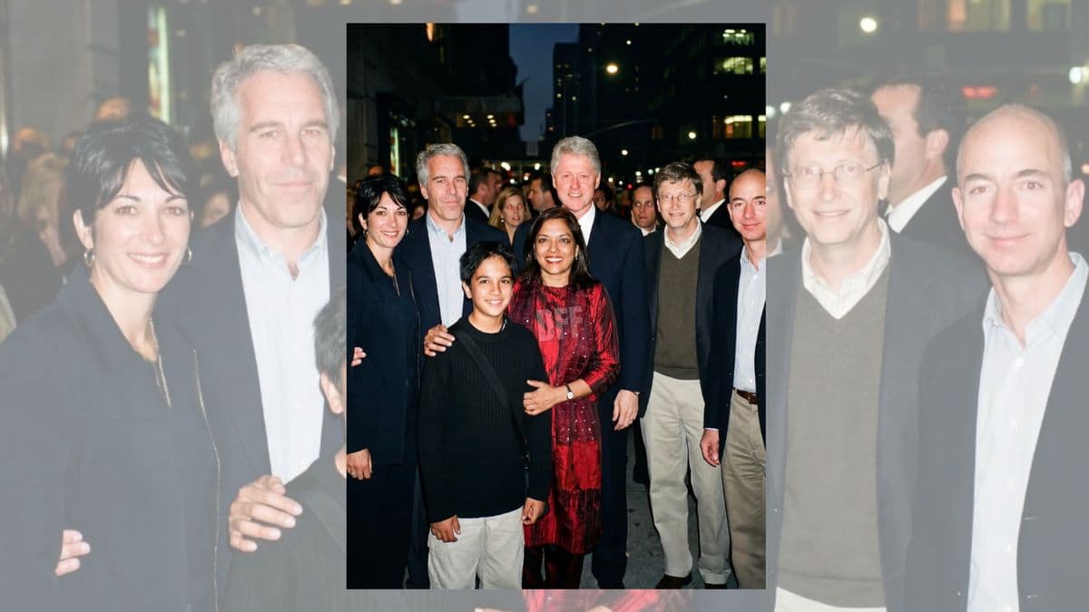 Beware image showing Mamdani and his mom with Epstein, Clinton, Gates, Bezos | Snopes.com - Featured Image