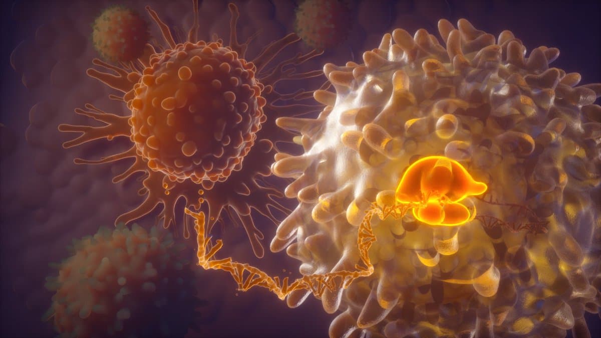Lila Sciences illustration of mRNA therapy engineering immune cells, representing CAR-T cell therapy and RNA-based drug development.