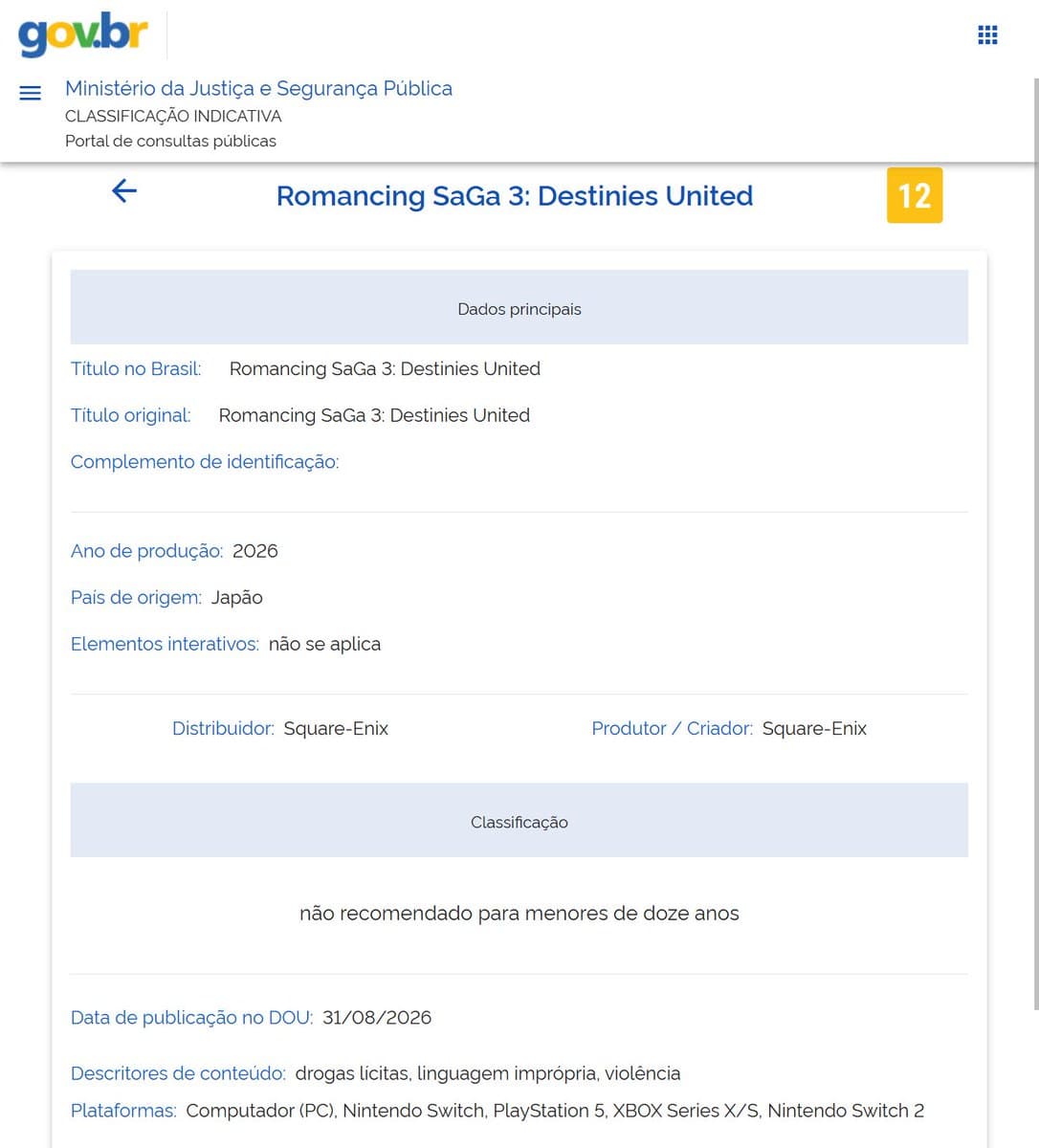 Romancing SaGa 3: Destinies United Leaked by Brazilian Ratings Board