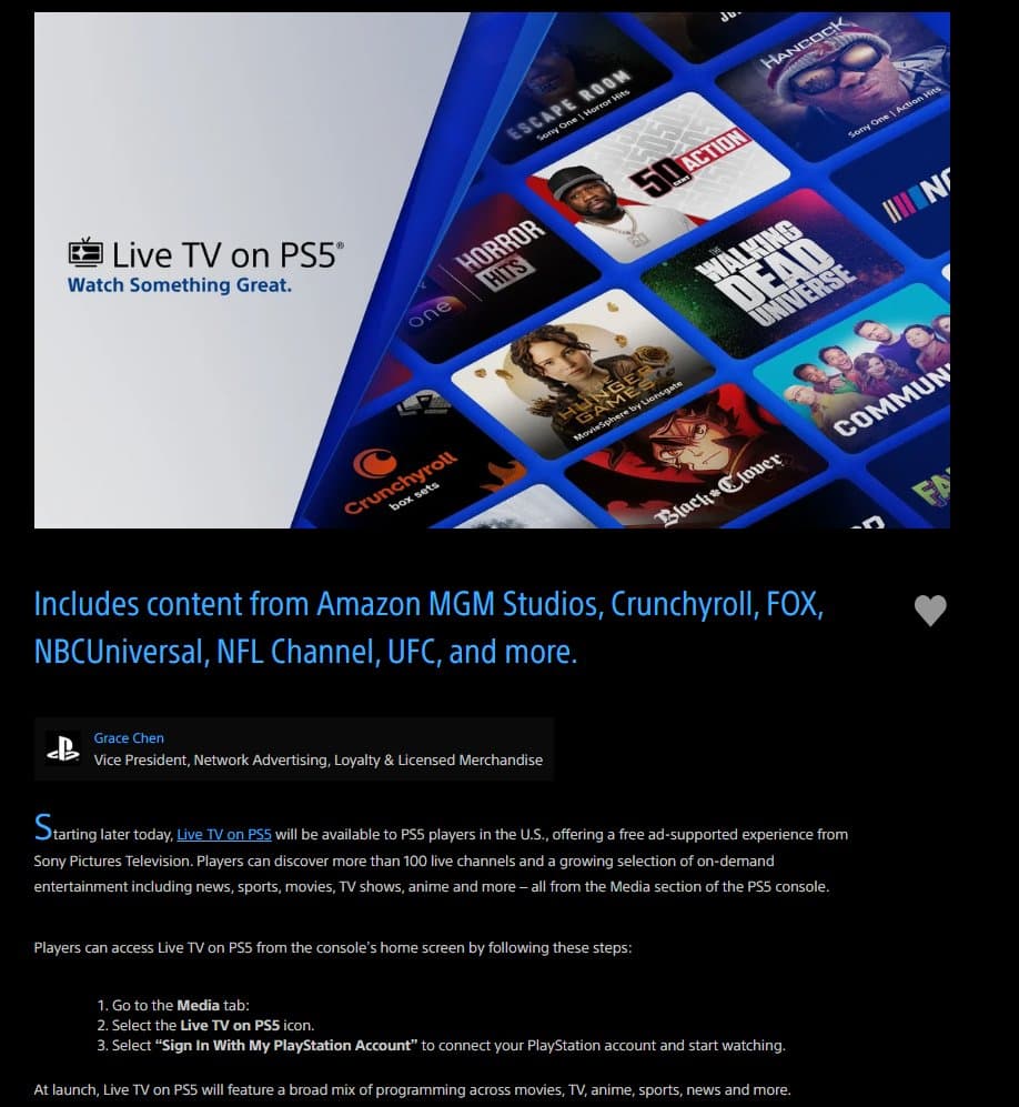 Sony Launches Free Live TV on PS5 in U.S.