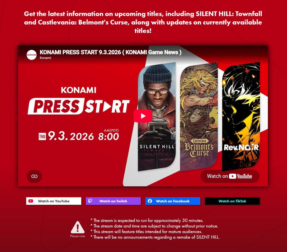 Konami Announces PRESS START Showcase with Castlevania and Silent Hill Updates