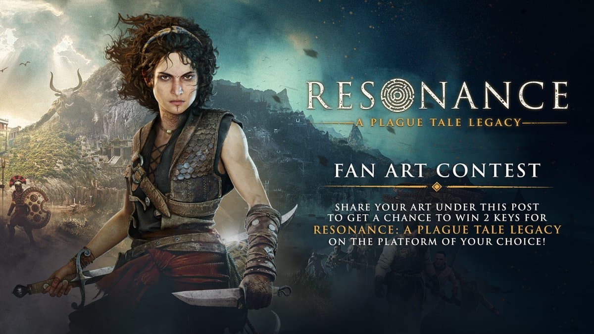 Female warrior holding a dagger stands ready against a stormy, mountainous backdrop in Resonance: A Plague Tale Legacy fan art contest poster.