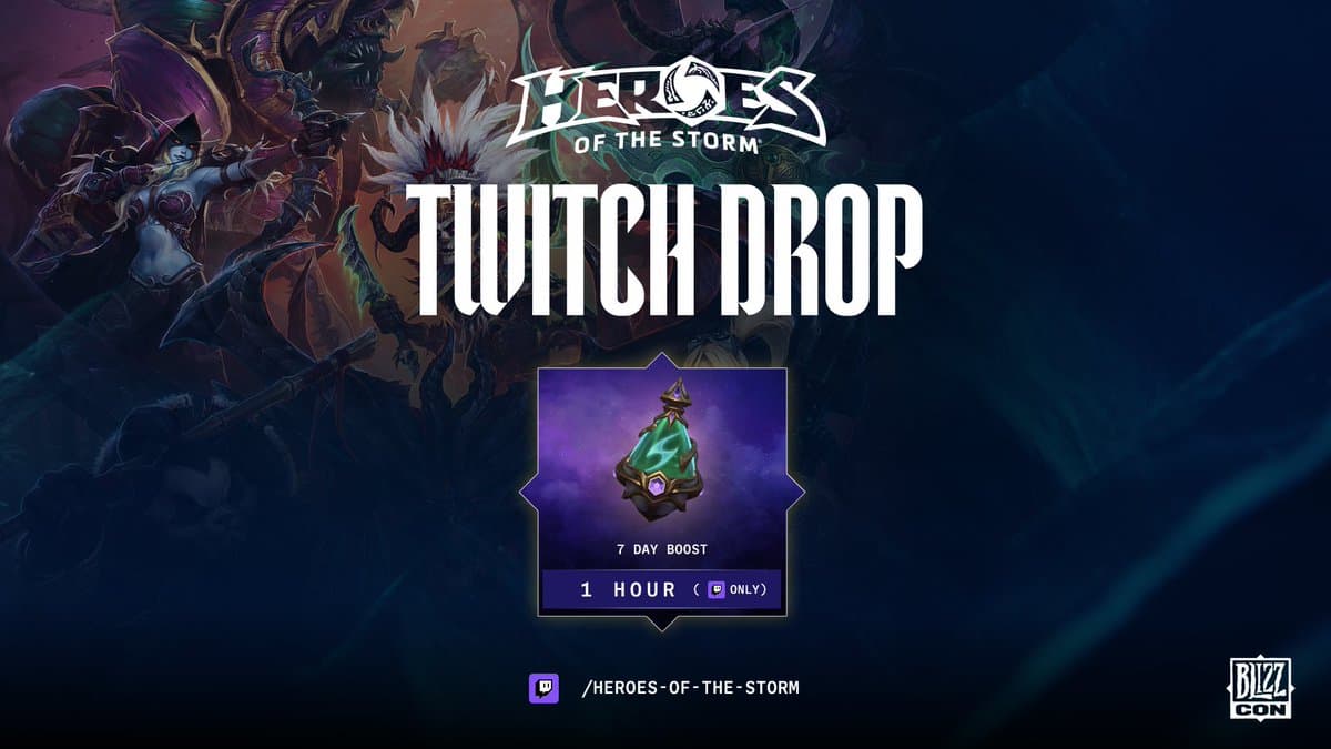 A graphic showing a heroes of the storm seven day boost that can be earned by watching 1 hour of heroes of the storm on Twitch during the first day of Blizzcon.