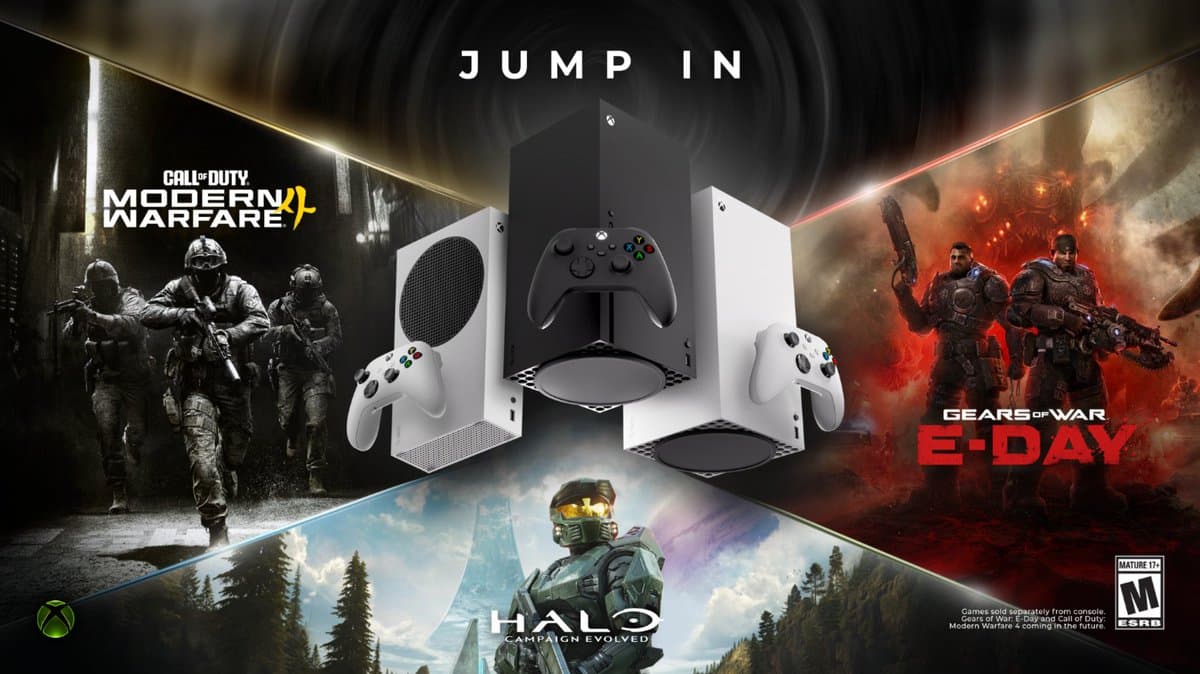 XBOX Series X|S consoles and controllers featured alongside artwork for Call of Duty: Modern Warfare 4, Gears of War: E-Day, and Halo: Campaign Evolved, with the text “Jump In.”