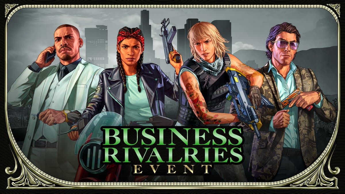 Business Rivalries Event poster featuring four GTA Online characters: An Executive, Gunrunner, Nightclub Owner, and Biker.