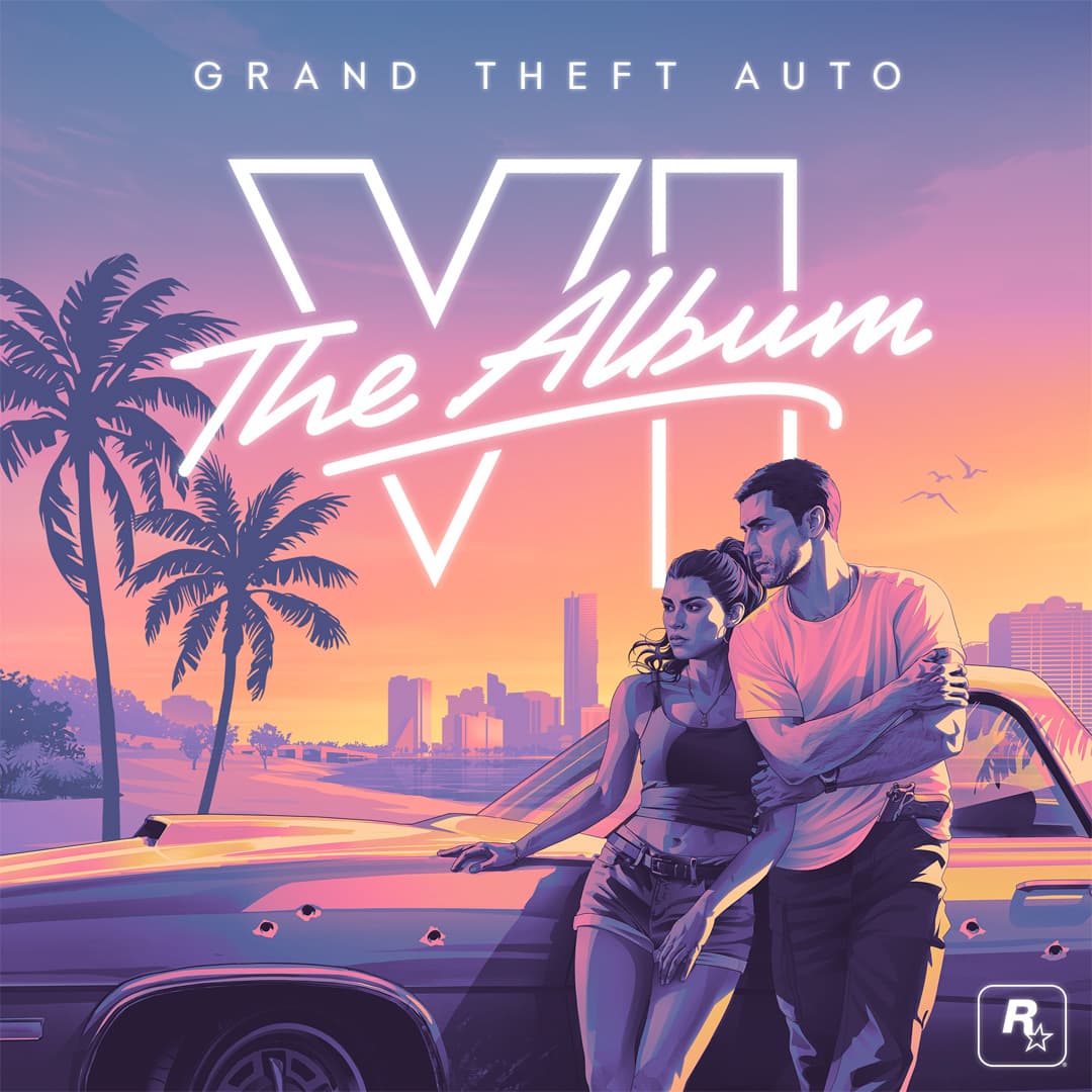 Grand Theft Auto VI: The Album cover art shows Jason and Lucia leaning against a car at sunset with palm trees and the Vice City skyline behind them.