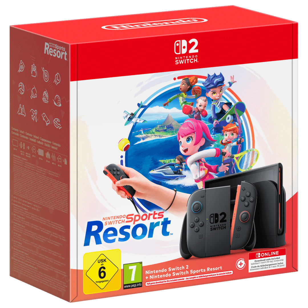 Retail box for the Nintendo Switch 2 and Nintendo Switch Sports Resort bundle.