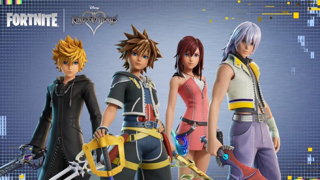 Sora from Kingdom Hearts appears as a playable Fortnite outfit beside the crossover’s themed cosmetics.