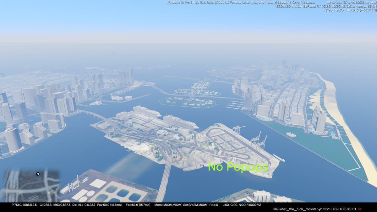 Low-resolution overhead map render shared by TJGM as an alleged early GTA 6 development image.