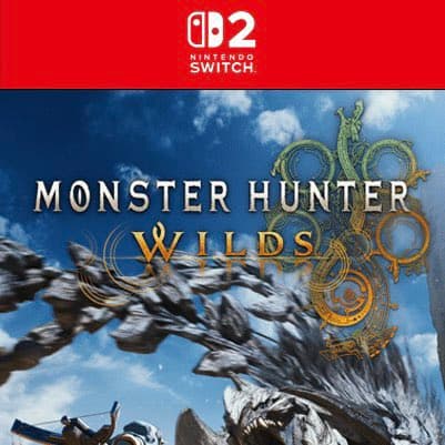 Monster Hunter Wilds key art with Nintendo Switch 2 branding above a snowy monster scene.