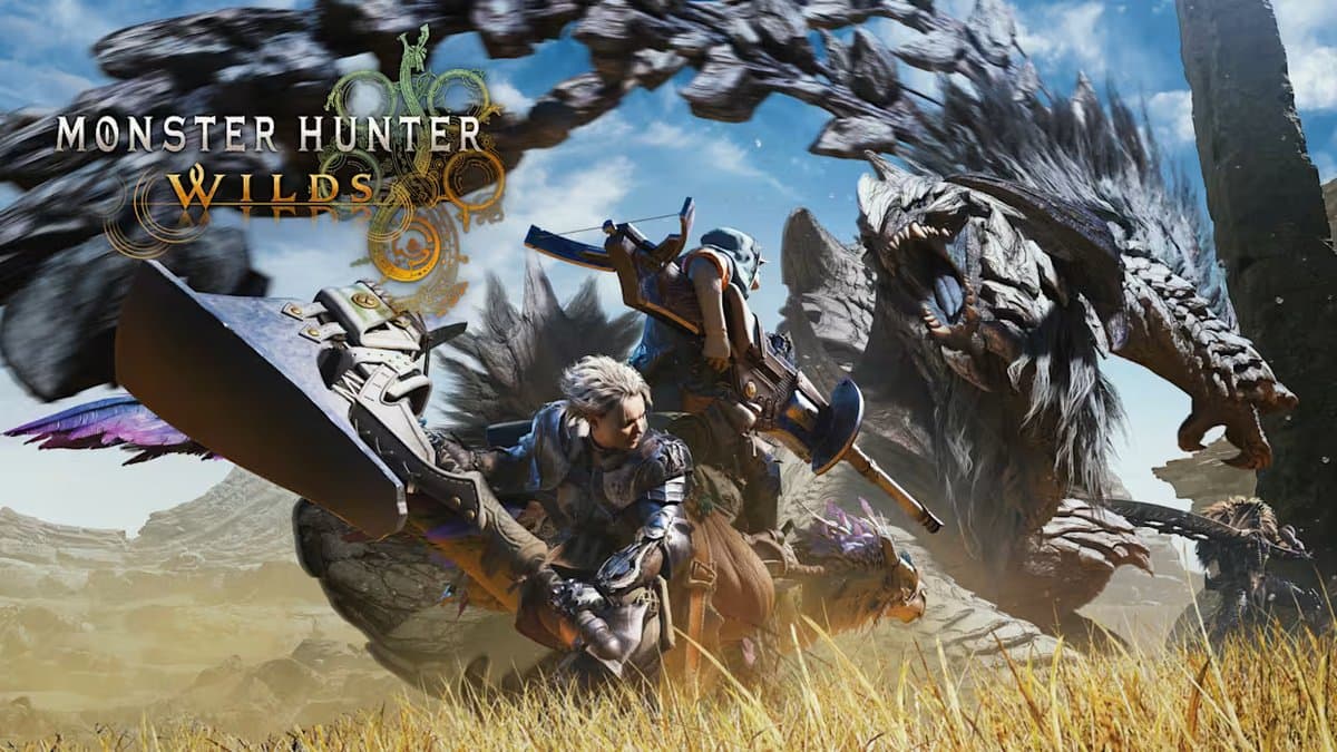 Hunters confront a large monster in Monster Hunter Wilds promotional artwork.