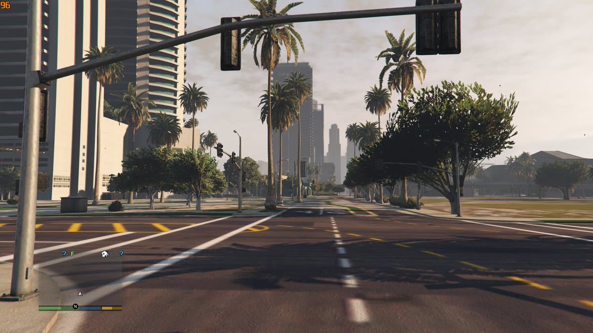 Overhead view of a blocky early GTA VI map prototype running inside GTA V.