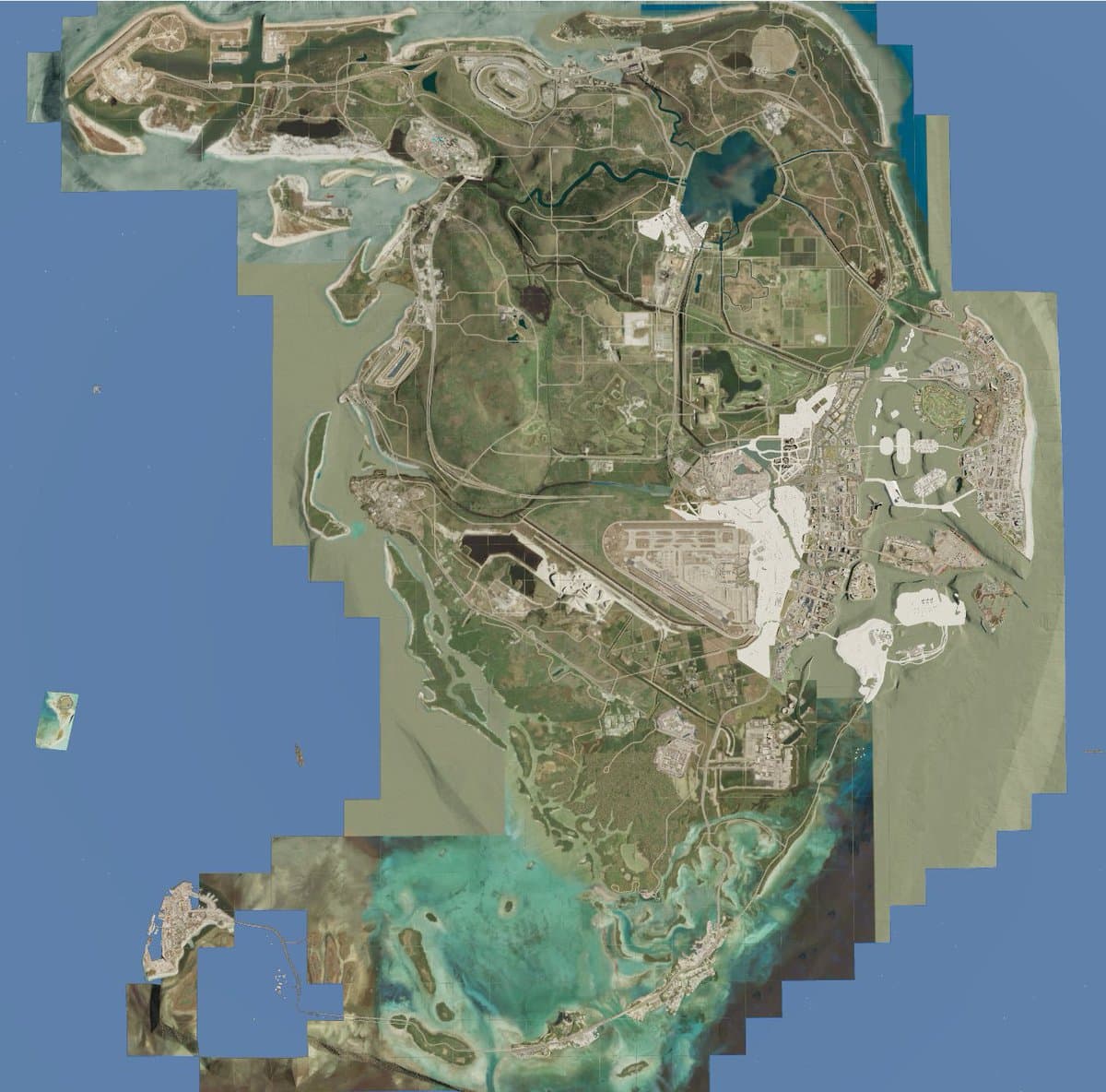 Composite image of an apparent early GTA 6 map, showing roads, cities, an airport, wetlands and islands across a Florida-shaped landmass.