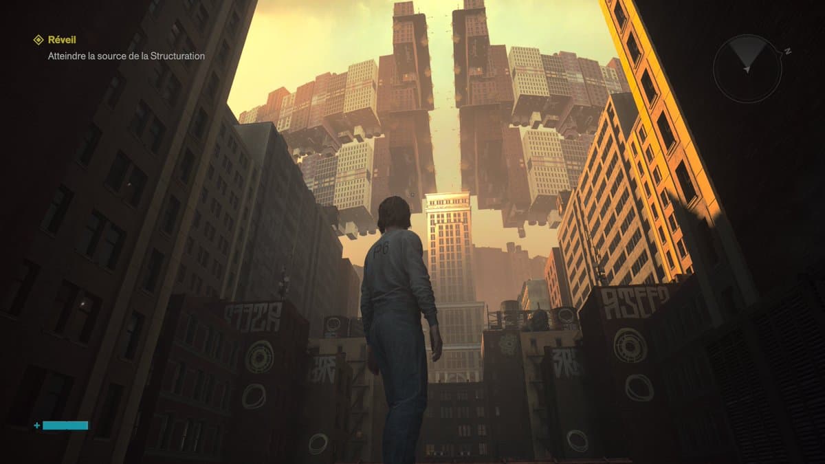 A Control Resonant gameplay scene with a character facing buildings suspended above a city street.