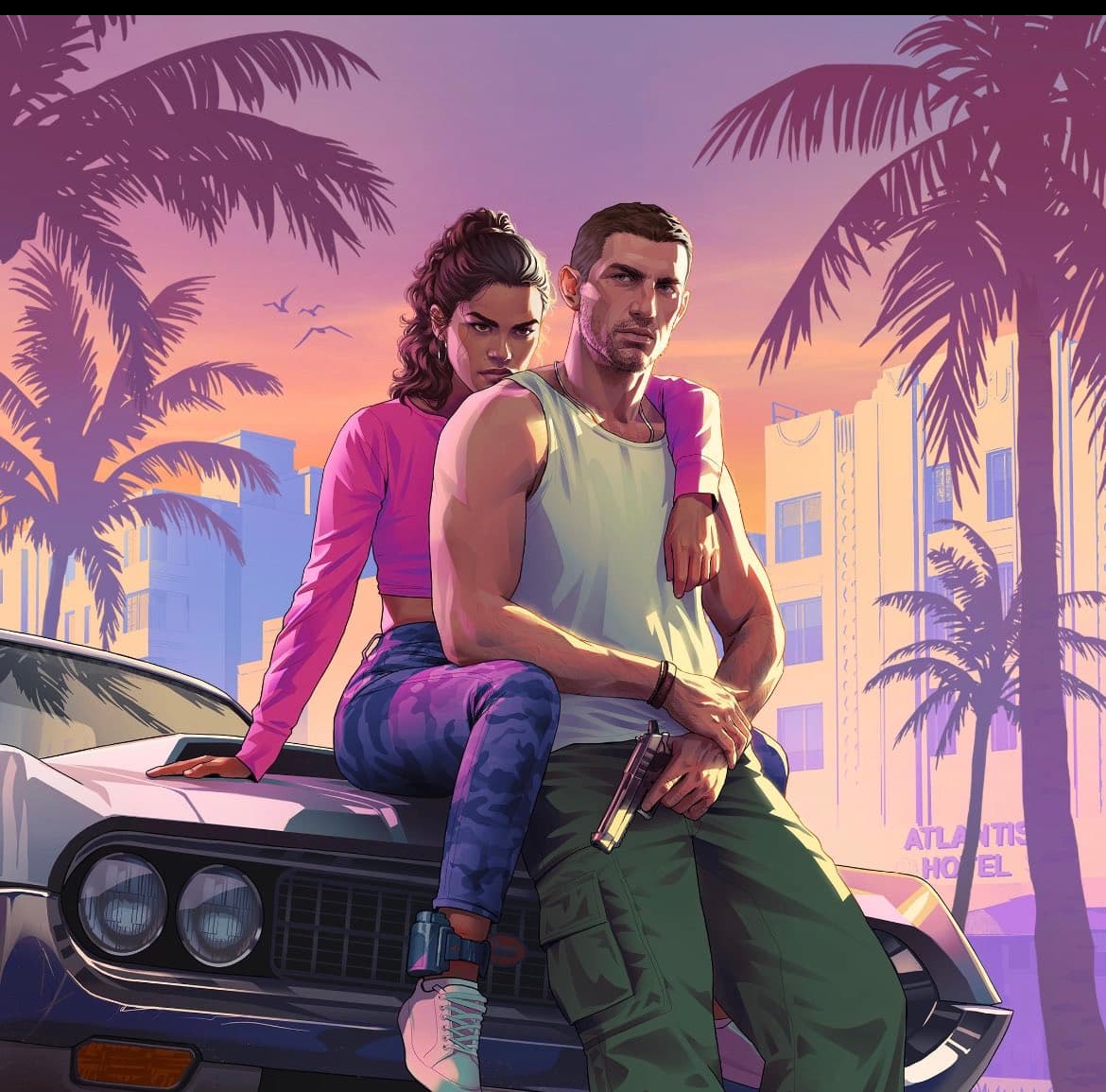 Grand Theft Auto artwork showing two characters leaning against a car beneath palm trees.