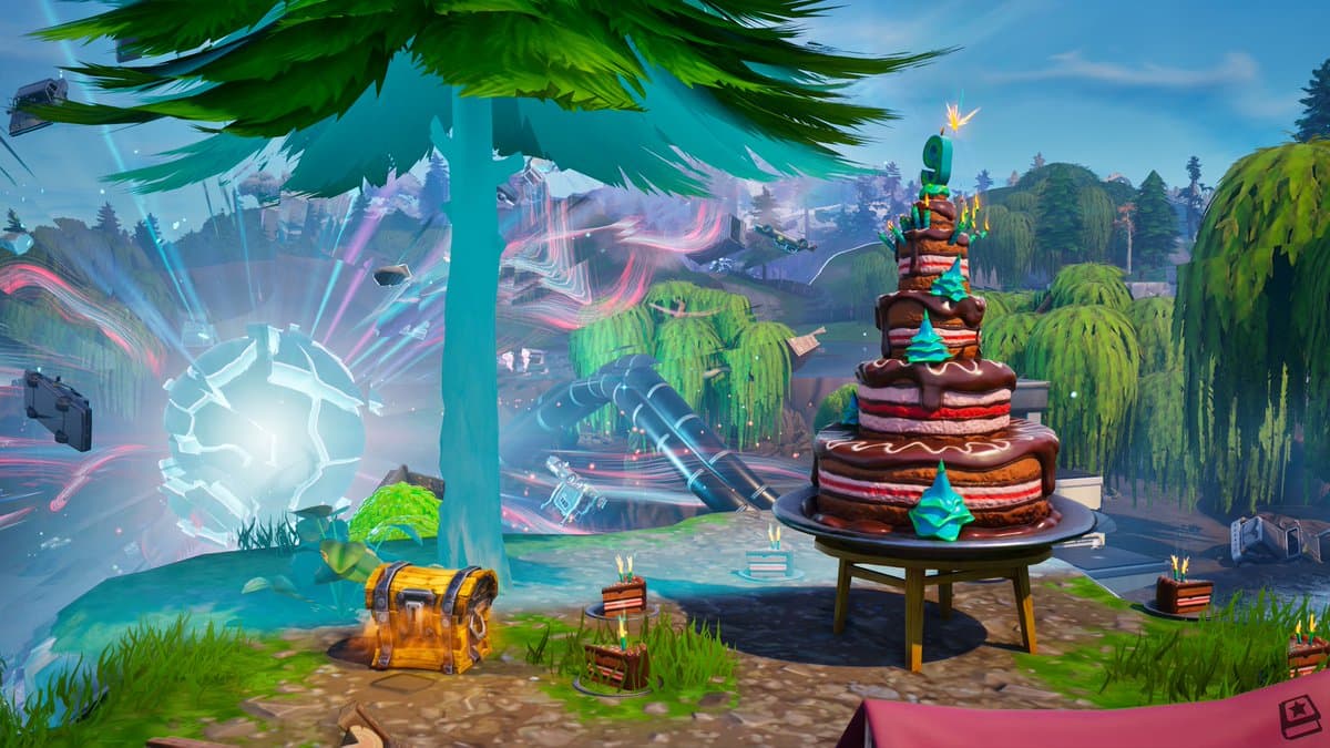 A birthday cake with a number nine candle in Fortnite Battle Royale.