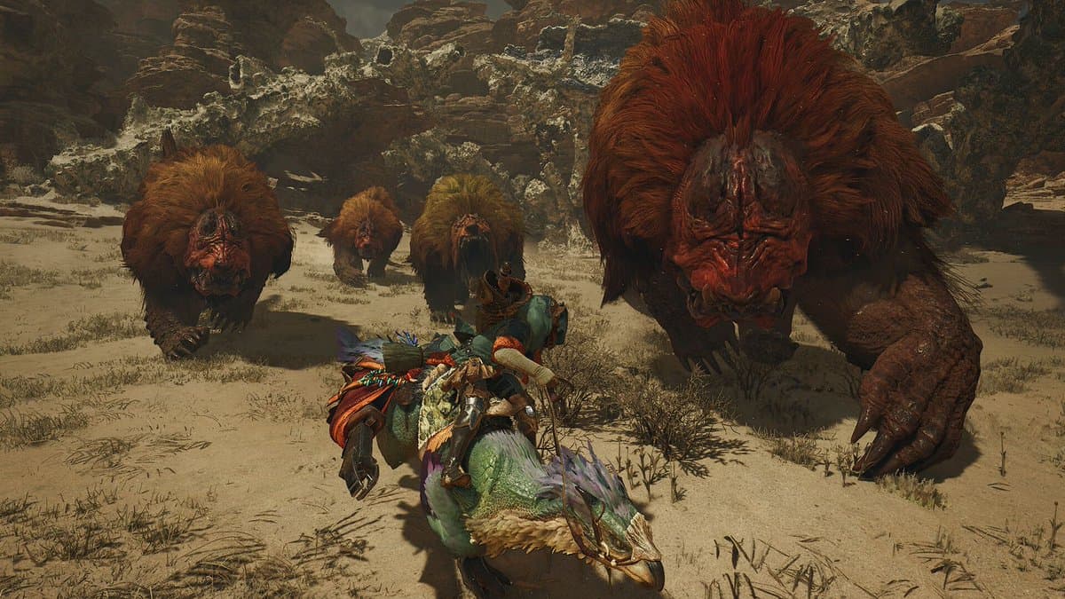 Monster Hunter Wilds gameplay showing a mounted hunter facing a herd of large monsters.