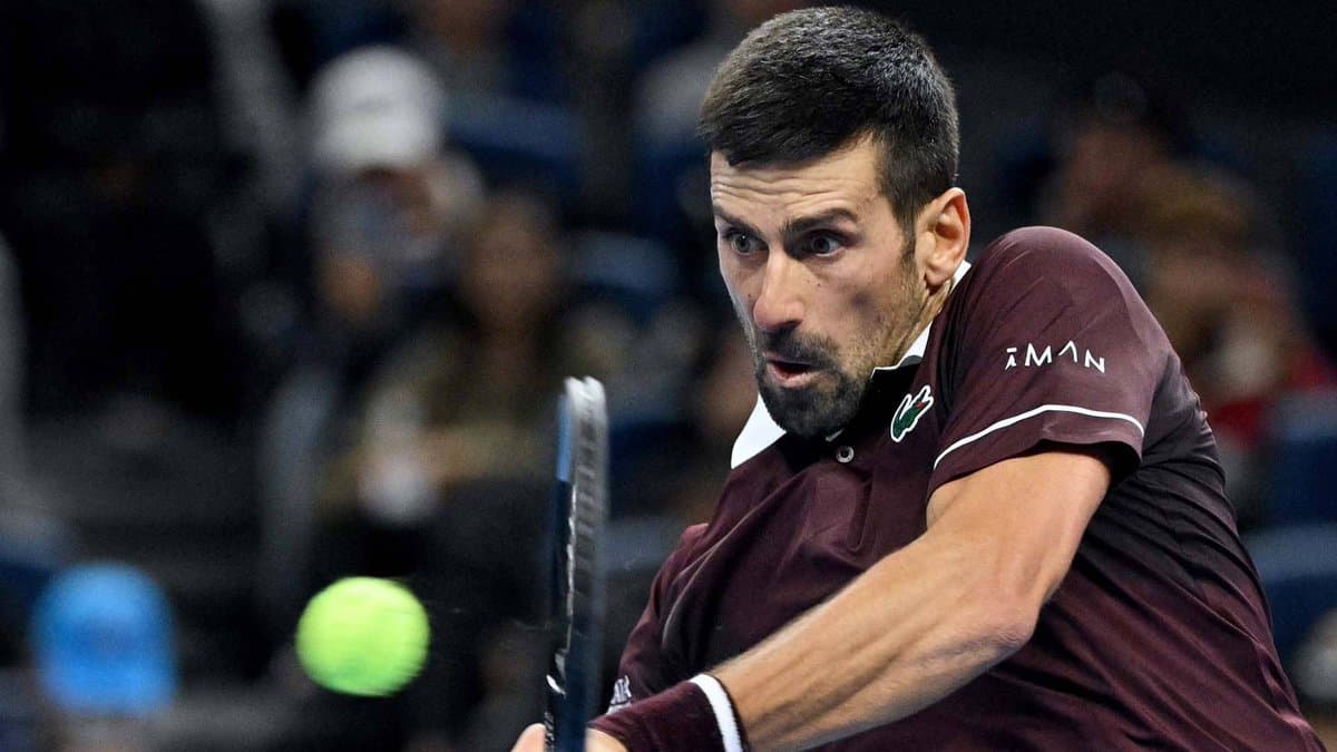 Novak Djokovic hits a backhand during his China Open semi-final against Daniil Medvedev in Beijing, 5 October 2026.