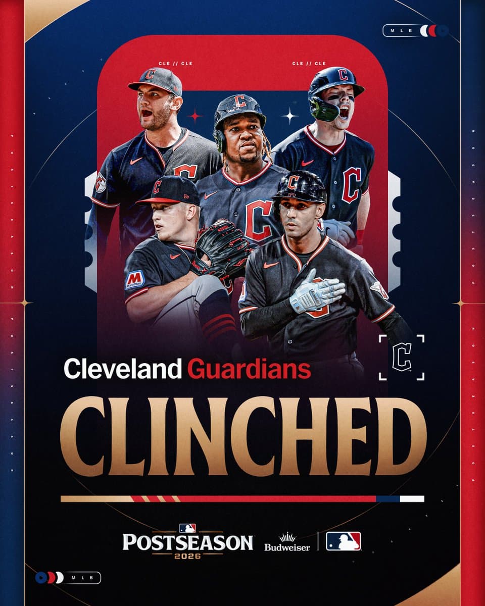 CLINCHED: Cleveland Guardians
MLB Postseason presented by Budweiser
Pictured: Cutouts of José Ramírez, Steven Kwan, Parker Messick, Brayan Rocchio and Gavin Williams