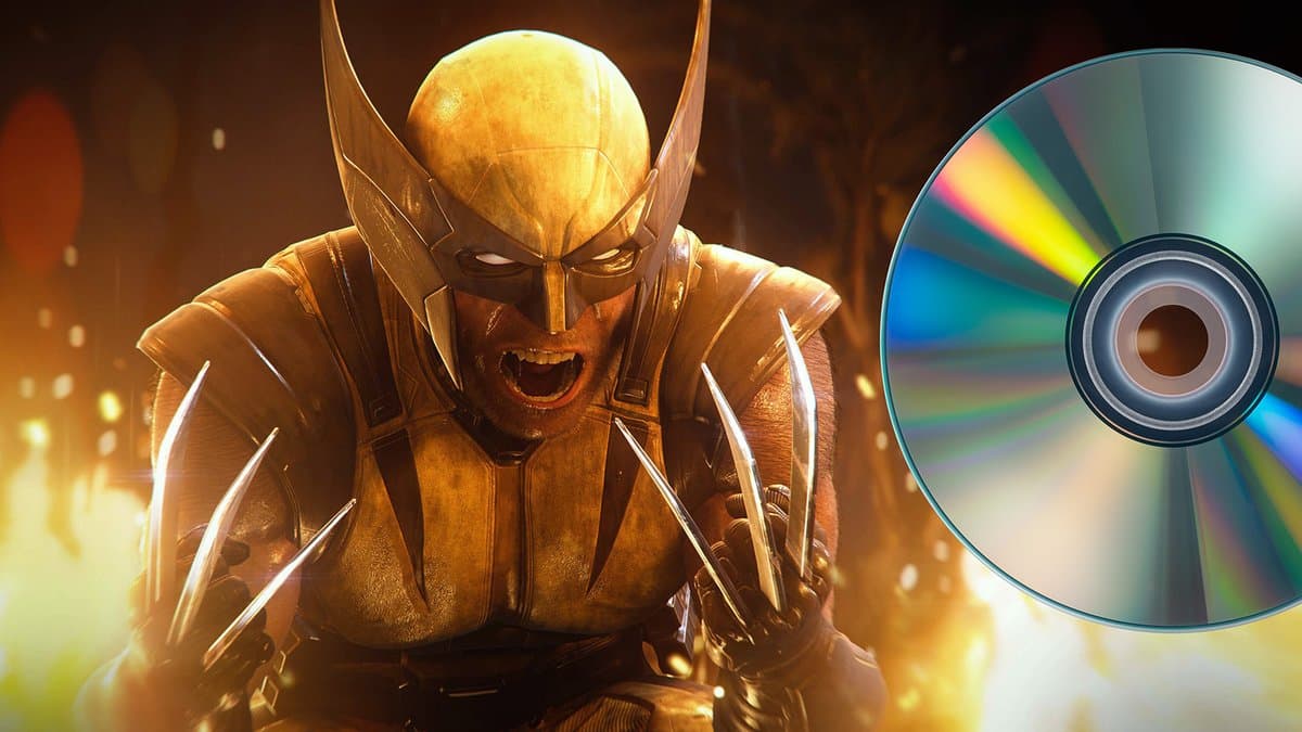 Marvel's Wolverine appears beside a large game disc in a Eurogamer illustration about PlayStation's physical-release policy.