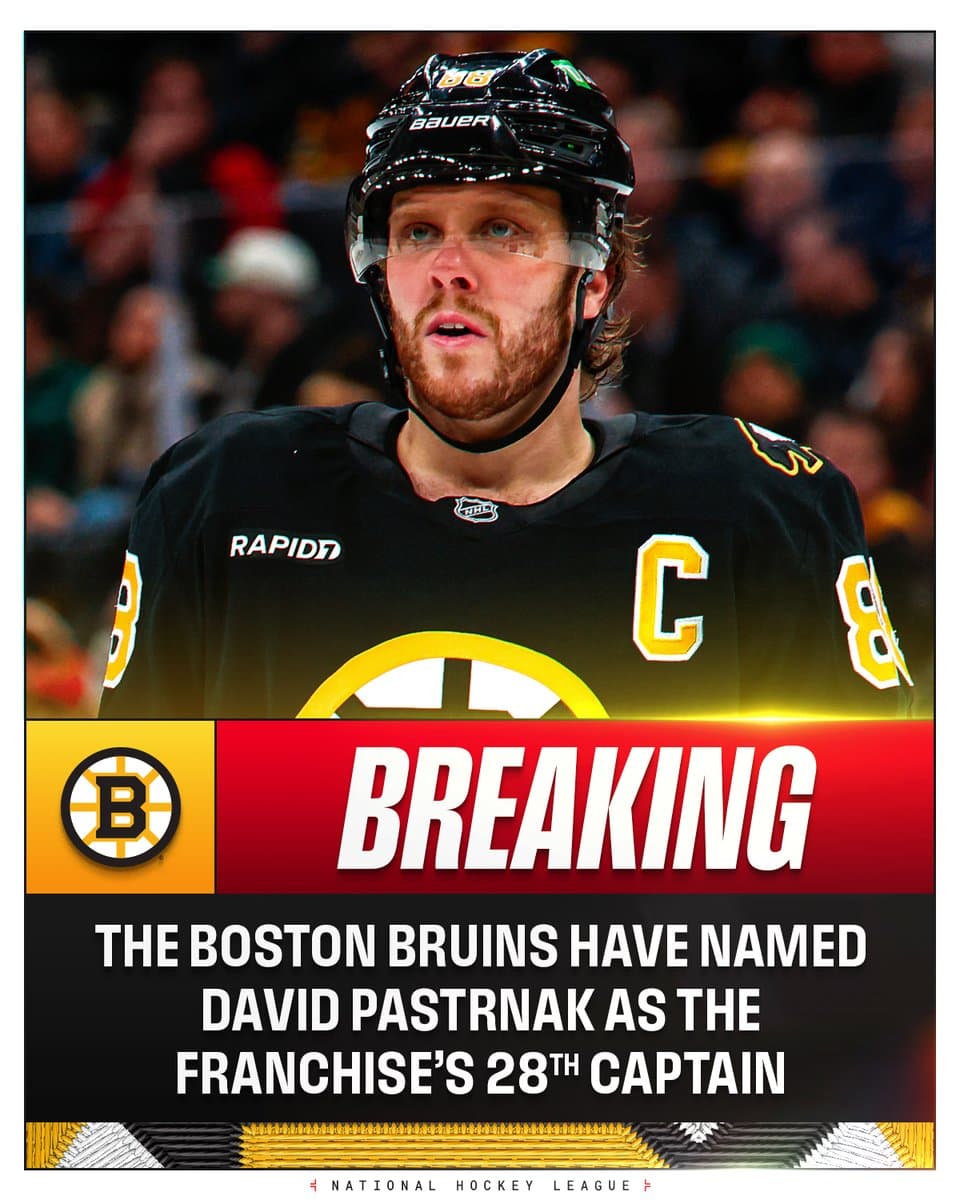 Top: David Pastrnak on ice in a Bruins uniform with a 'C'

Bottom: Large text on a red and black background reading "Breaking: The Boston Bruins have named David Pastrnak as the franchise's 28th captain"