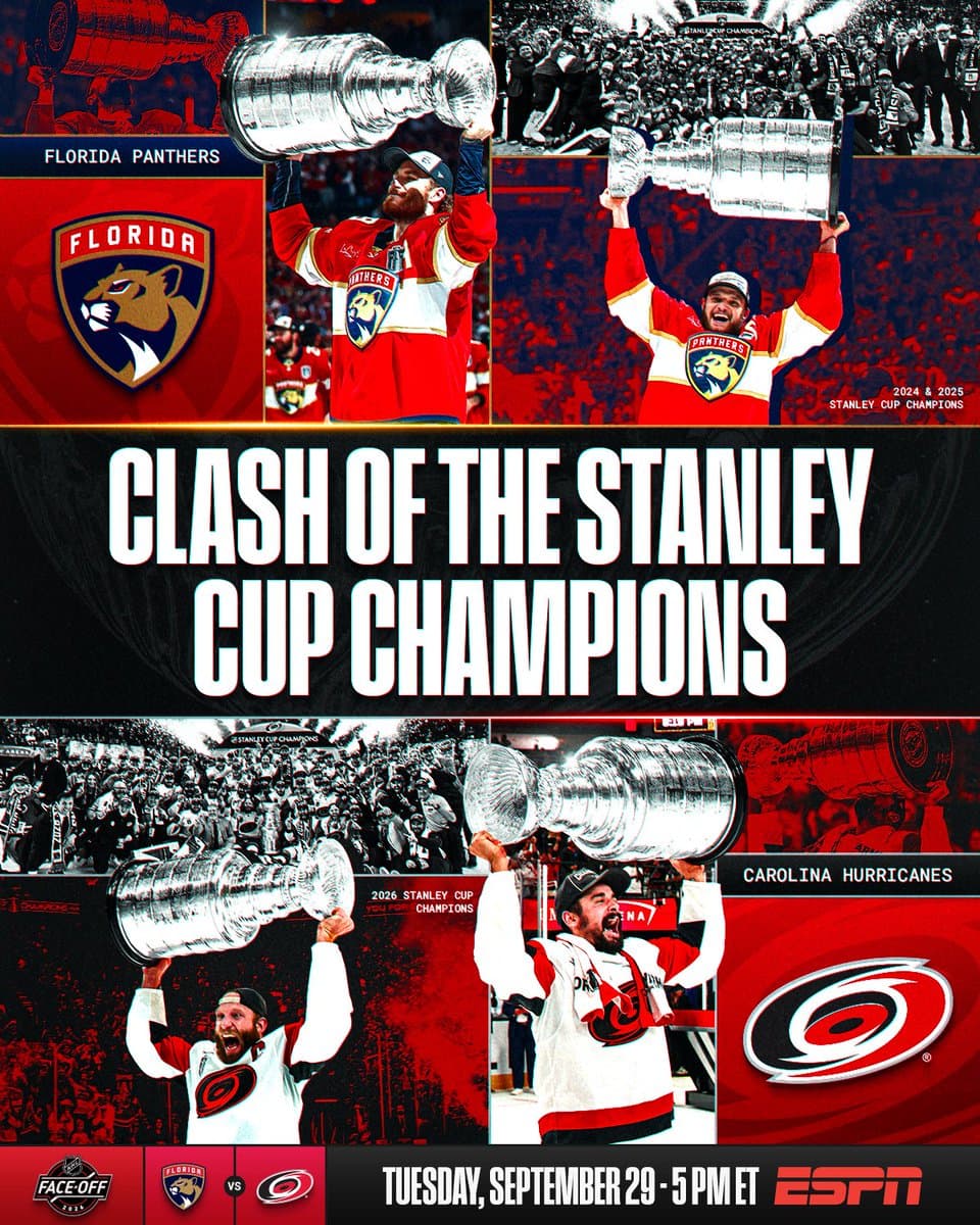Top: Matthew Tkachuk and Aleksander Barkov hoisting the Stanley Cup on a red background with text reading "Florida Panthers. 2024 & 2025 Stanley Cup champions"

Middle: Large white text on a black background reading "Clash of the Stanley Cup champions"

Bottom: Jordan Staal and Seth Jarvis hoisting the Stanley Cup on a red background with text reading "Carolina Hurricanes. 2026 Stanley Cup champions"