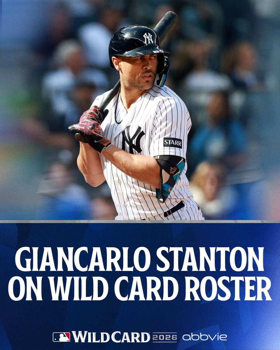 Giancarlo Stanton on Wild Card roster.
Pictured: A photo of Stanton preparing to hit in a home white Yankees uniform with navy blue lettering. 
Wild Card presented by Abbvie