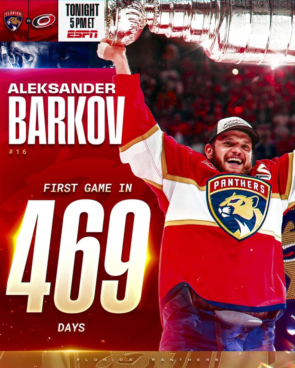 Aleksander Barkov lifting the Stanley Cup in a Florida Panthers jersey. Text reads, "Aleksander Barkov, #1, first game in 469 days". In the top left corner, tune in information shows the Panthers vs. Canes at 5pm ET on ESPN.