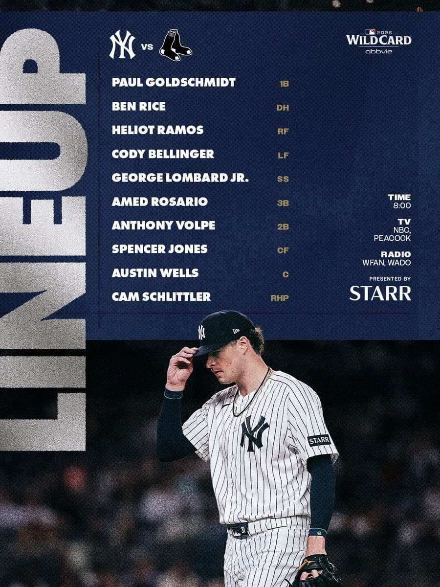 Yankees vs Boston Lineup:

Paul Goldschmidt | 1B | 48
Ben Rice | DH | 22
Heliot Ramos | RF | 34
Cody Bellinger | LF | 35 
George Lombard Jr. | SS | 96
Amed Rosario | 14 | 3B
Anthony Volpe | 2B | 11
Spencer Jones | CF | 78
Austin Wells | C | 28
Cam Schlittler | RHP | 31

Time: 8:00 PM ET
TV: NBC & Peacock 
Radio: WFAN 660 AM/101.9 FM, WADO 1280, ESPN Radio 

Presented by Starr Insurance Companies

Photo of Cam Schlittler