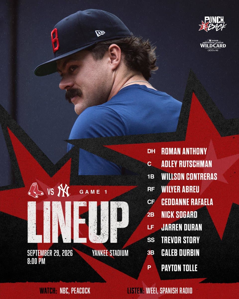 TEXT: September 29, 2026 Red Sox American League Wild Card Game 1 lineup versus New York Yankees at Yankee Stadium: Anthony DH, Rutschman C, Contreras 1B, Abreu RF, Rafaela CF, Sogard 2B, Duran LF, Story SS, Durbin 3B, Tolle P.

Watch live on NBC and Peacock and tune in on WEEI and Spanish Radio. Game time is set for 8:00PM.

IMAGE: Payton Tolle looks over his shoulder before pitching during the Red Sox workout at Yankee Stadium ahead of the Wild Card series. He is wearing a navy shortsleeved Red Sox shirt and a navy Boston hat. The design features the AL Wild Card logo, our Punch Back logo with a star. The squad’s names are layered on top of a grey background and red star.