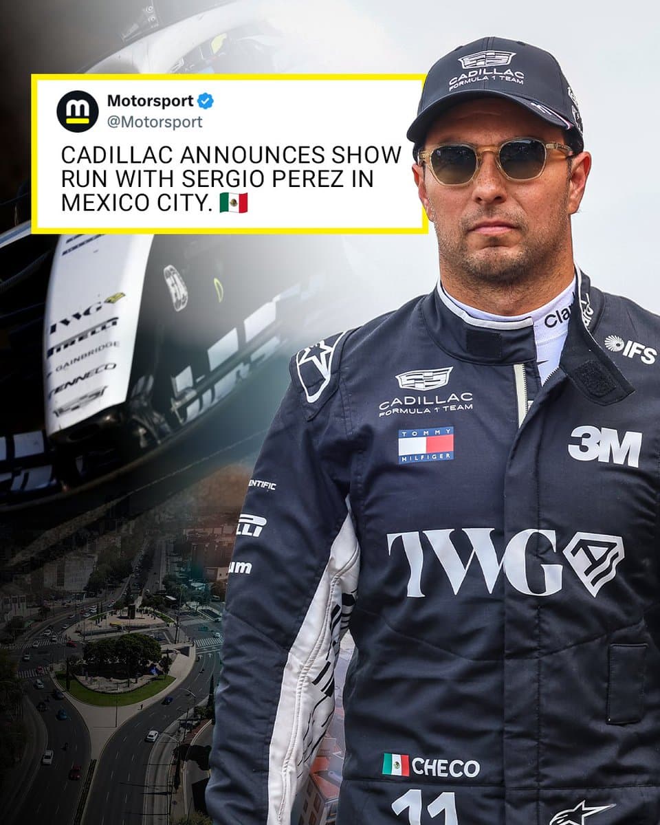 Sergio Perez in his black TWG firesuit with an image of his car car and the streets of Mexico City in the background.

The tweet on screen reads, "CADILLAC ANNOUNCES SHOW RUN WITH SERGIO PEREZ IN MEXICO CITY."
