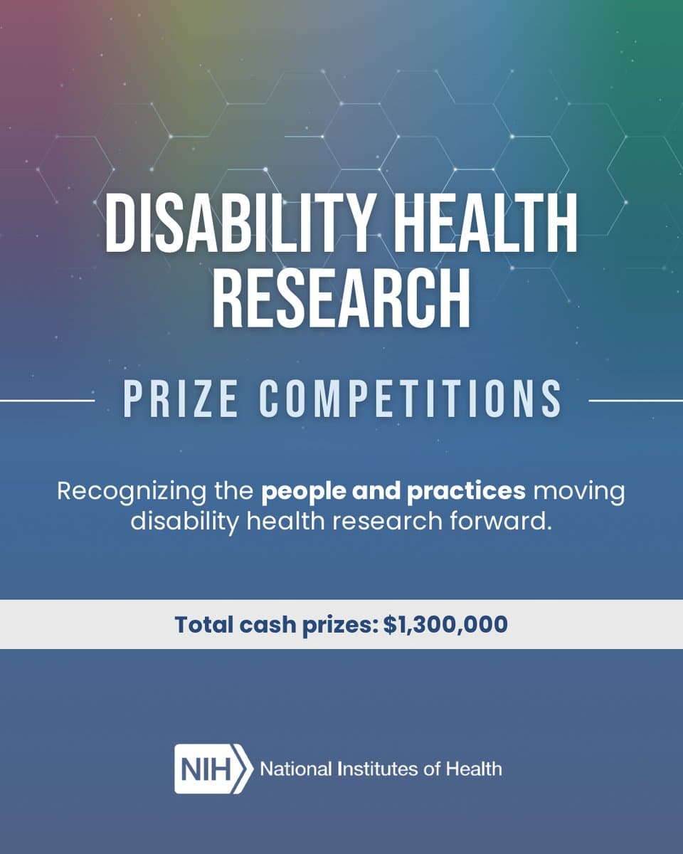 Graphic with the text "Disability Health Research Prize Competitions. Recognizing the people and practices moving disability health research forward. Total cash prizes: $1,300,000," and the National Institutes of Health logo. The blue background has a soft wash of disability flag colors across the top.