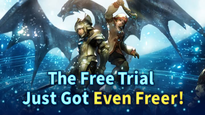 A promotional banner for Final Fantasy 11 Online. Banner reads The free trial just got even freer! In the background a paladin and white mage are posed in a battle ready stance.