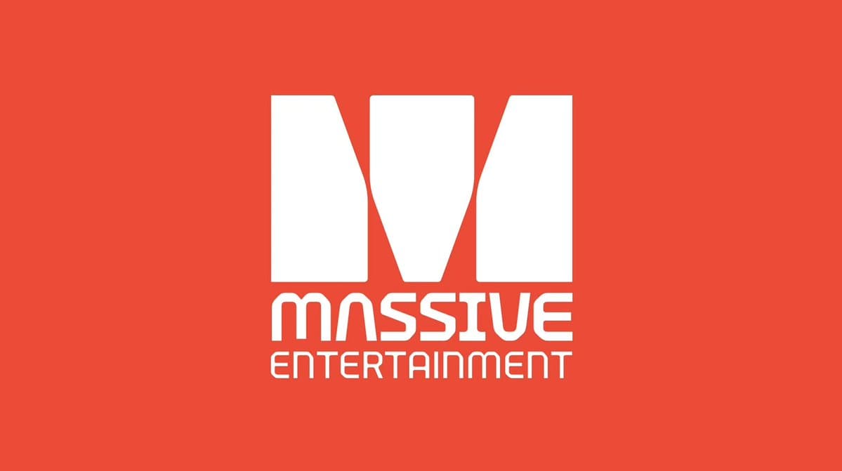 Logo for Massive Entertainment on a red background, featuring a stylized white "M" above the words "MASSIVE ENTERTAINMENT" in white sans-serif font.