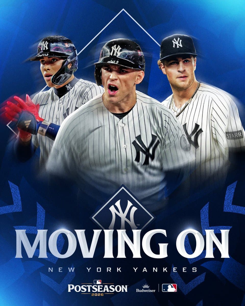 New York Yankees Moving On
2026 Postseason presented by Budweiser
Pictured from left to right: Cutouts of George Lombard Jr., Ben Rice and Cam Schlittler each wearing white pinstriped Yankees uniforms.