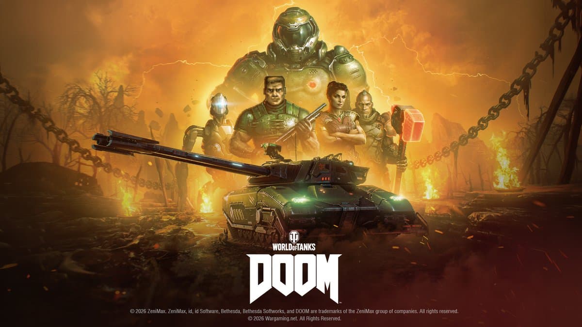 A dramatic scene featuring a tank in the foreground with characters from DOOM behind it, set in a fiery, hellish environment. The characters include Samuel Hayden, Doomguy, Princess Thira, Commander Vaylen, and the Doom Slayer, with chains and dark skies.