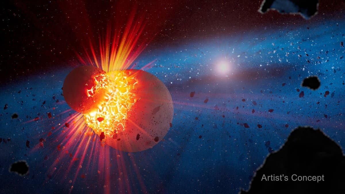 Artist’s concept of a star and its debris disk against the black background of space. The star is in the background, right of center, and depicted as a small, luminous sphere. The debris disk is a large blue ring that encircles the star. The debris disk is angled toward the viewer, so that the portion nearest to the viewer extends beyond the bottom frame of the illustration. Many dark, rocky fragments are scattered throughout the debris disk. In the foreground, toward the left, is a small planetary embryo colliding into the left side of a larger spherical object. The impact site glows bright yellow and orange and has a mottled appearance, as though chunks of both colliding bodies are breaking up and being destroyed. Orange-yellow streams of vapor extend outward from the collision area. Behind the debris disk and its star are many small stars in the background. A label in the bottom right corner reads “Artist’s Concept.”
