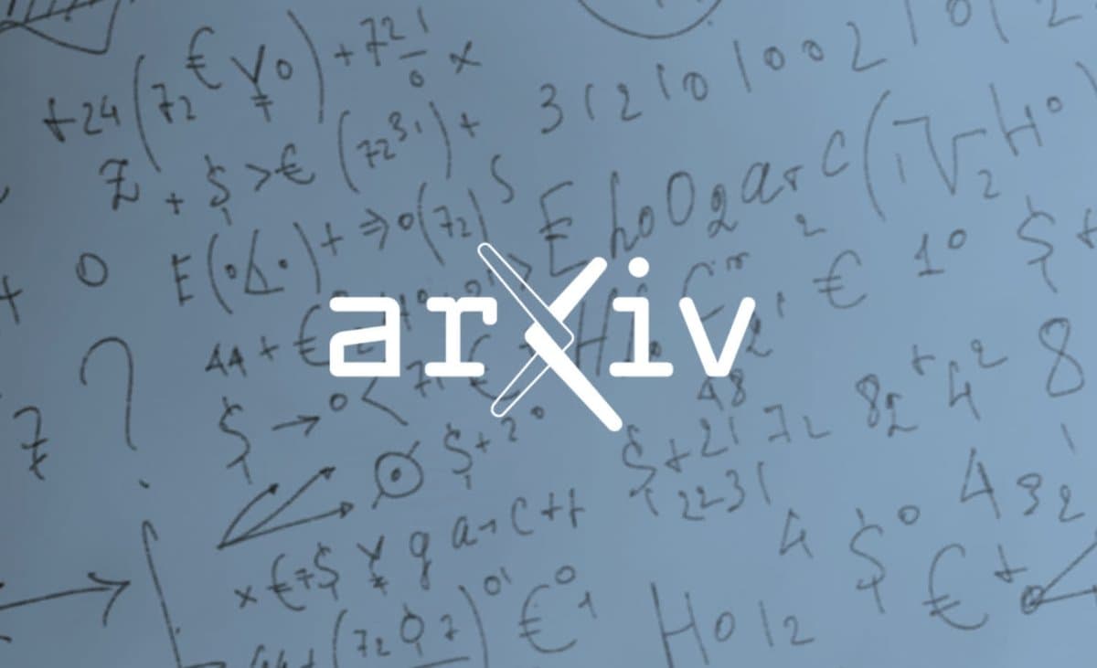 arXiv logo in white over a whiteboard with math symbols.