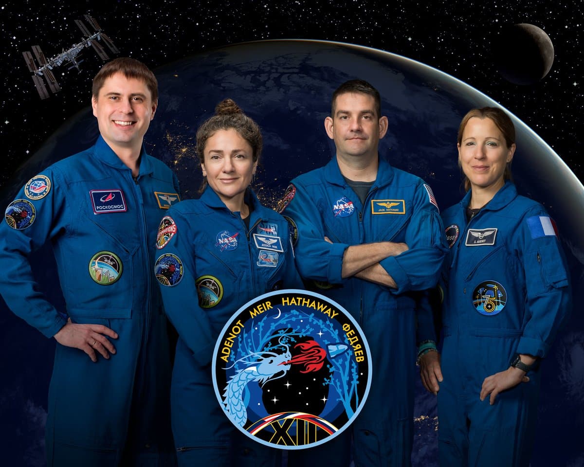 The four members of NASA's SpaceX Crew-12 mission to the International Space Station pose together for an official crew portrait. From left are, Roscosmos cosmonaut Andrey Fedyaev, NASA astronauts Jessica Meir and Jack Hathaway, and ESA (European Space Agency) astronaut Sophie Adenot.
