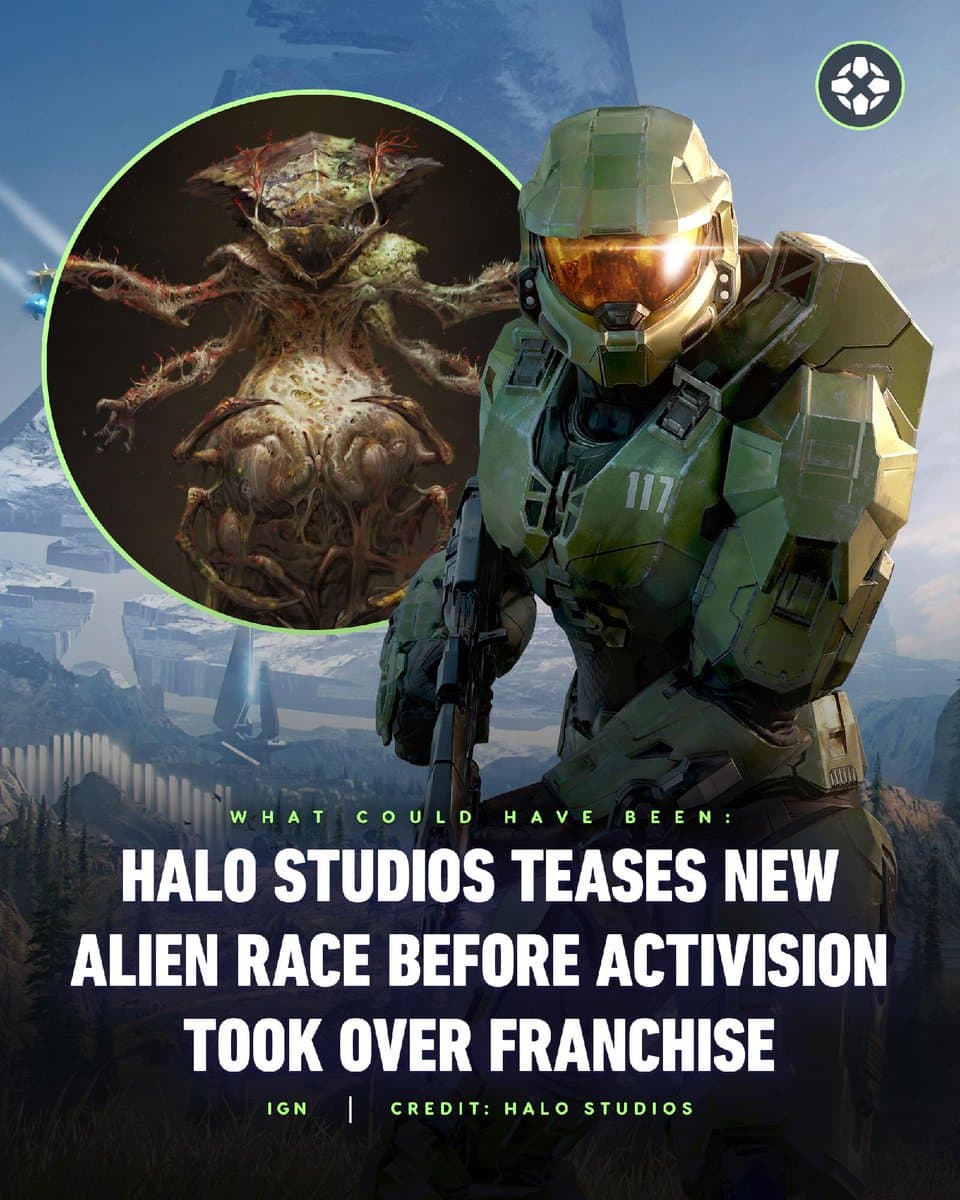 Master Chief in Halo: Infinite artwork with a picture-in-picture of a new alien species. Caption reads: Halo Studios Teases New Alien Race Before Activision Took Over the Franchise