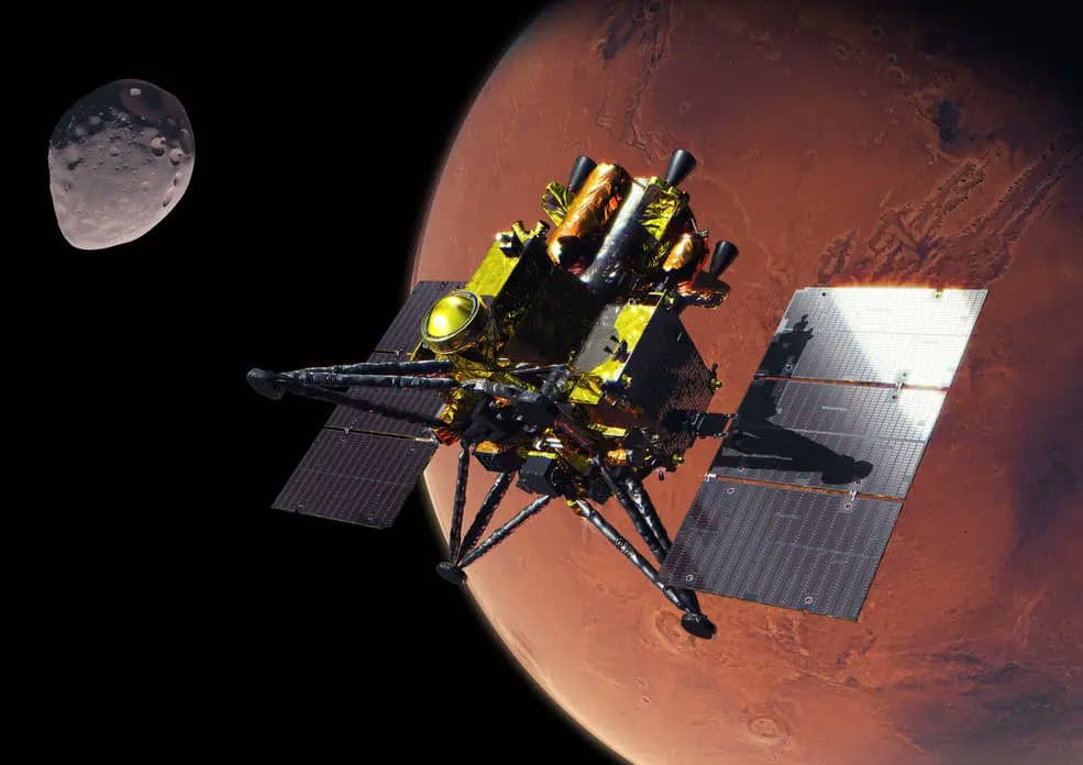 Illustration of the MMX spacecraft, with its landing legs and solar panels, in space above Mars, with the small moon Phobos nearby. Credit: JAXA