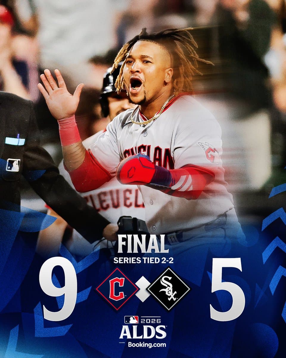 Final score: Cleveland Guardians 9, Chicago White Sox 5 
ALDS presented by Booking.com
Series tied 2-2
Pictured: José Ramírez claps and yells following an RBI hit Thursday night in ALDS Game 4